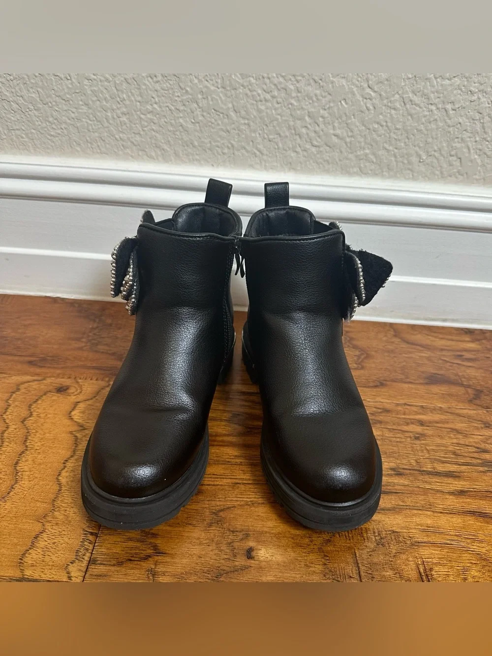 MIA Girls Black Ankle Boots Size 12M Rhinestone Bow Side Zip